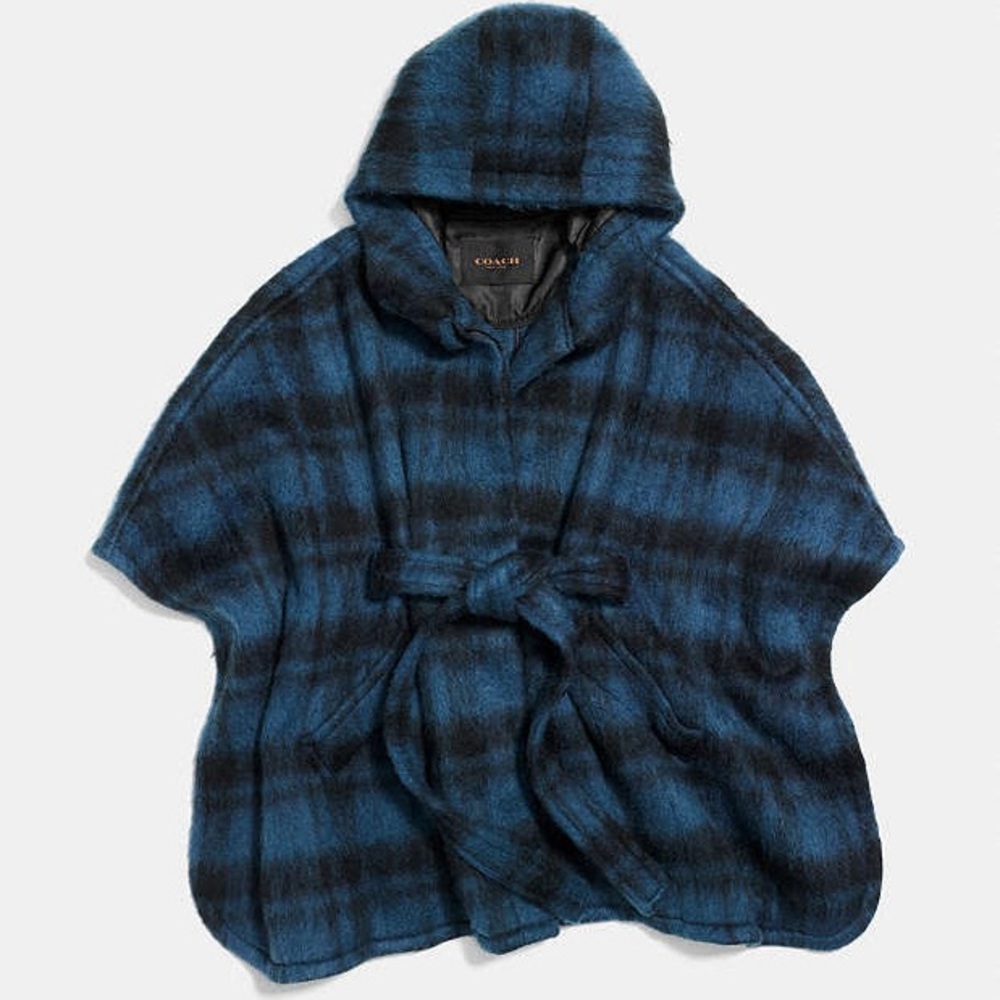 Coach Hooded Plaid Cape in Blue and Black